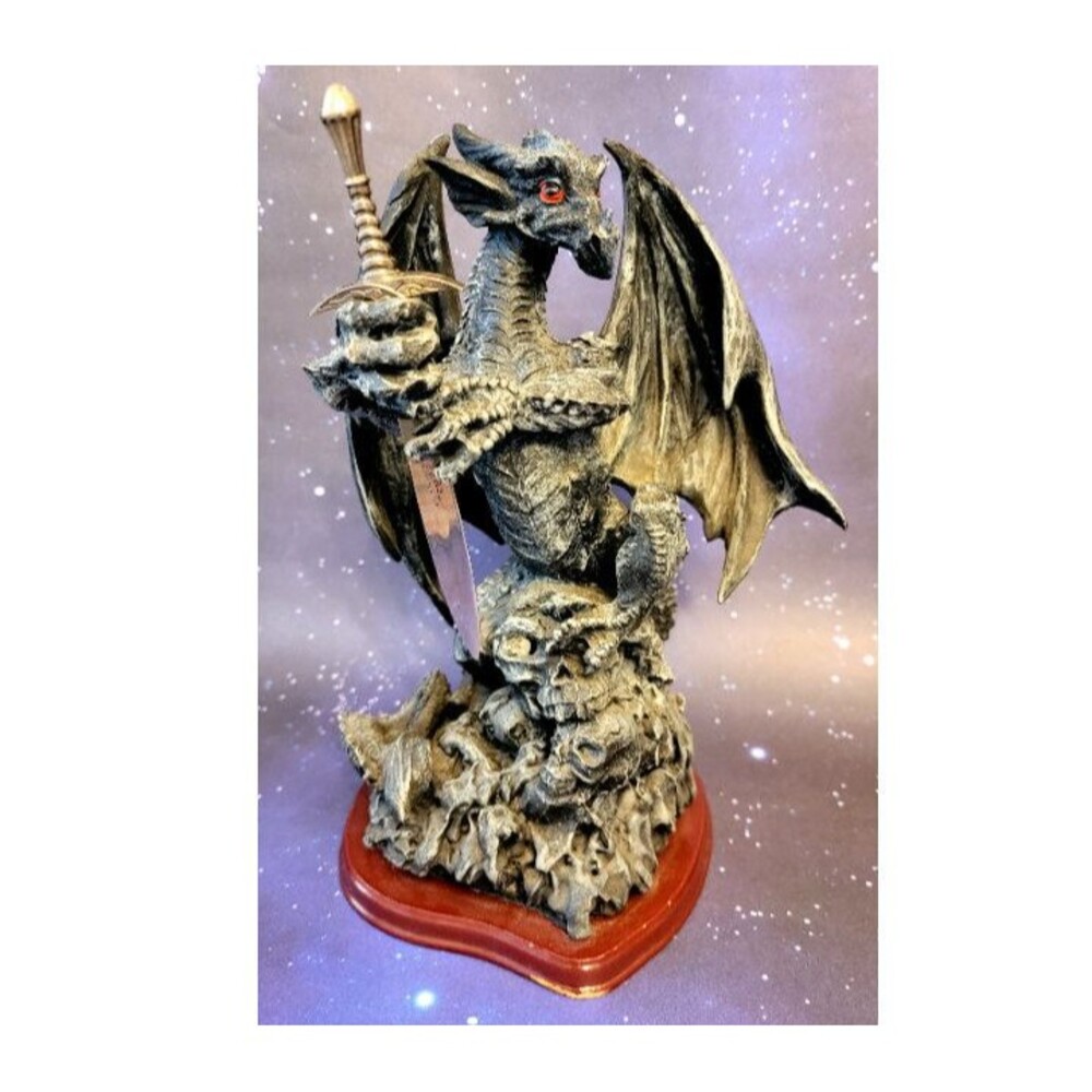 Medieval Statue Removable Metal Sword 11" Halloween Black Dragon Decor READ